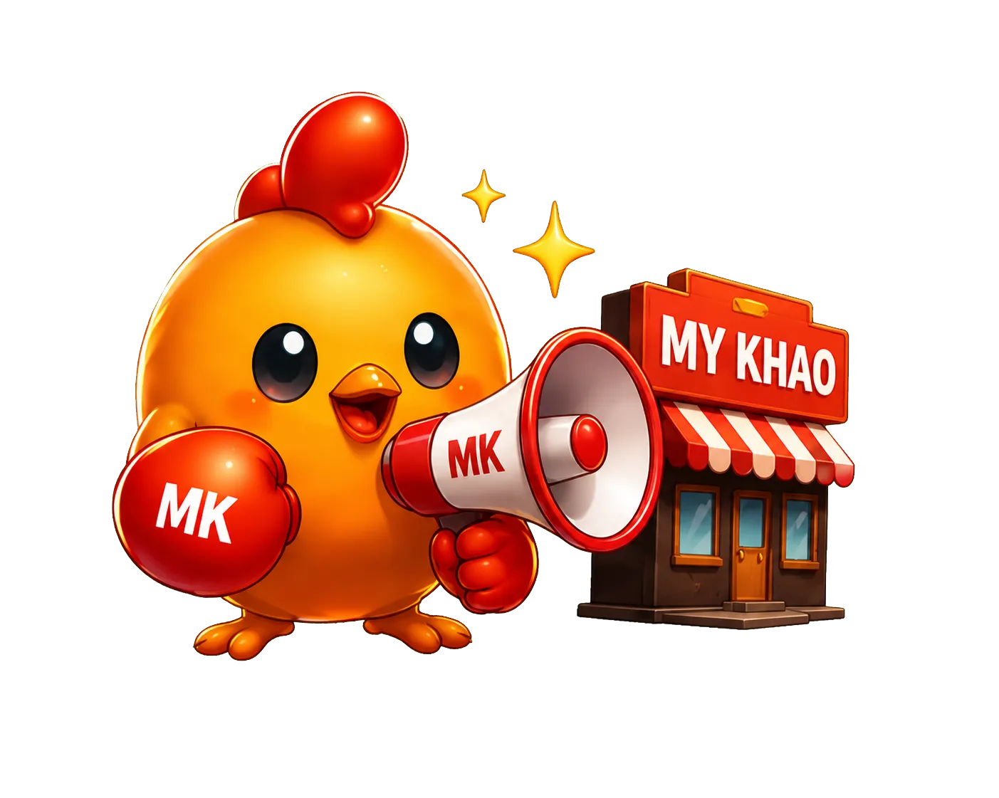 Mascotte My Khao avec mégaphone devant une devanture de restaurant